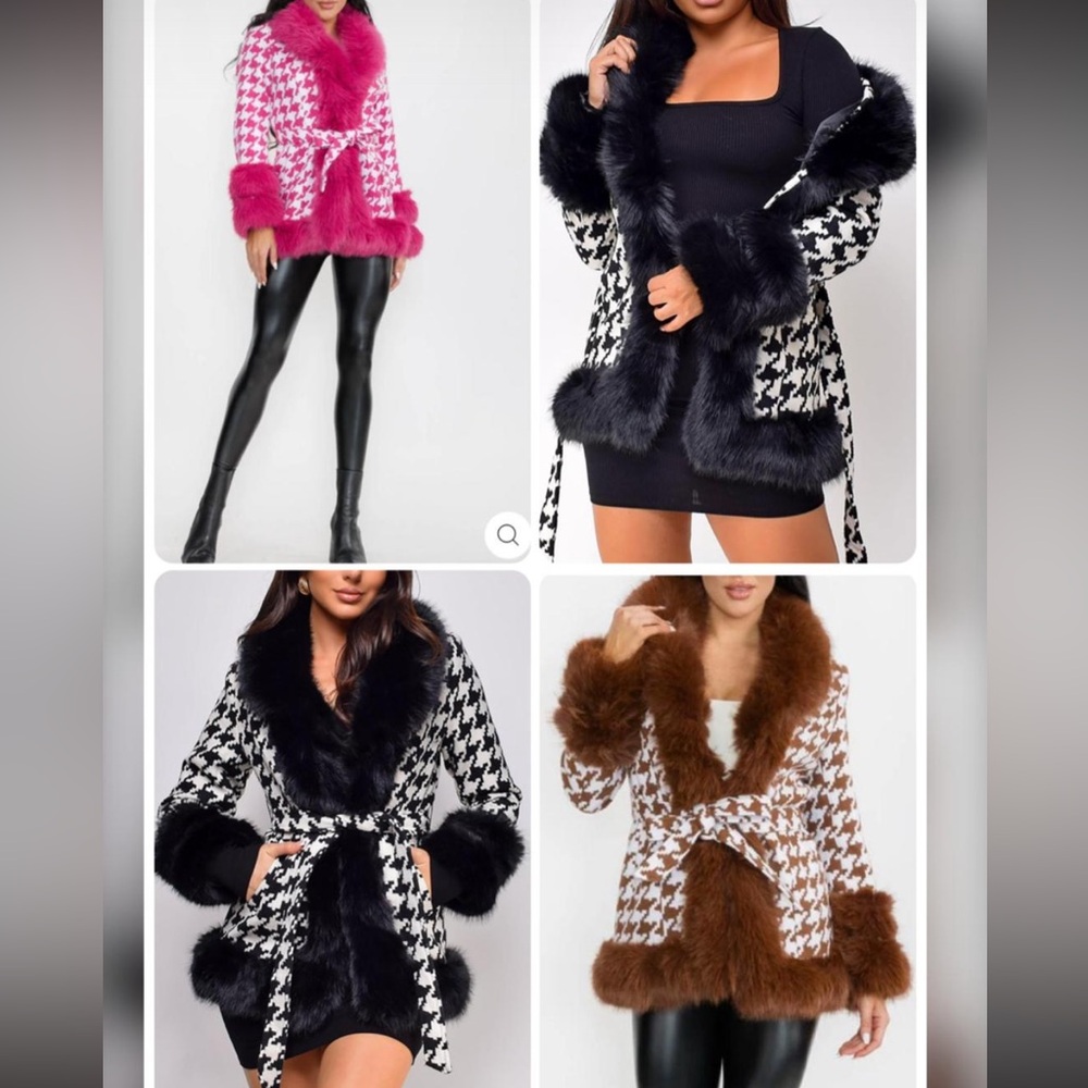 Pink Faux Fur Trim Houndstooth Women's Coat - Picture 3 of 12